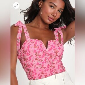 Pink Floral Ruched Mesh Tie-Strap Top